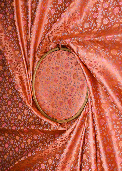 Dark Peach Banarasi Brocade Fabric With All Over Thread And Zari Handloom 21252