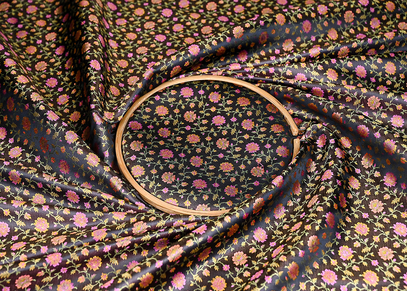 Black Banarasi Brocade Fabric With All Over Thread And Zari Handloom 21256