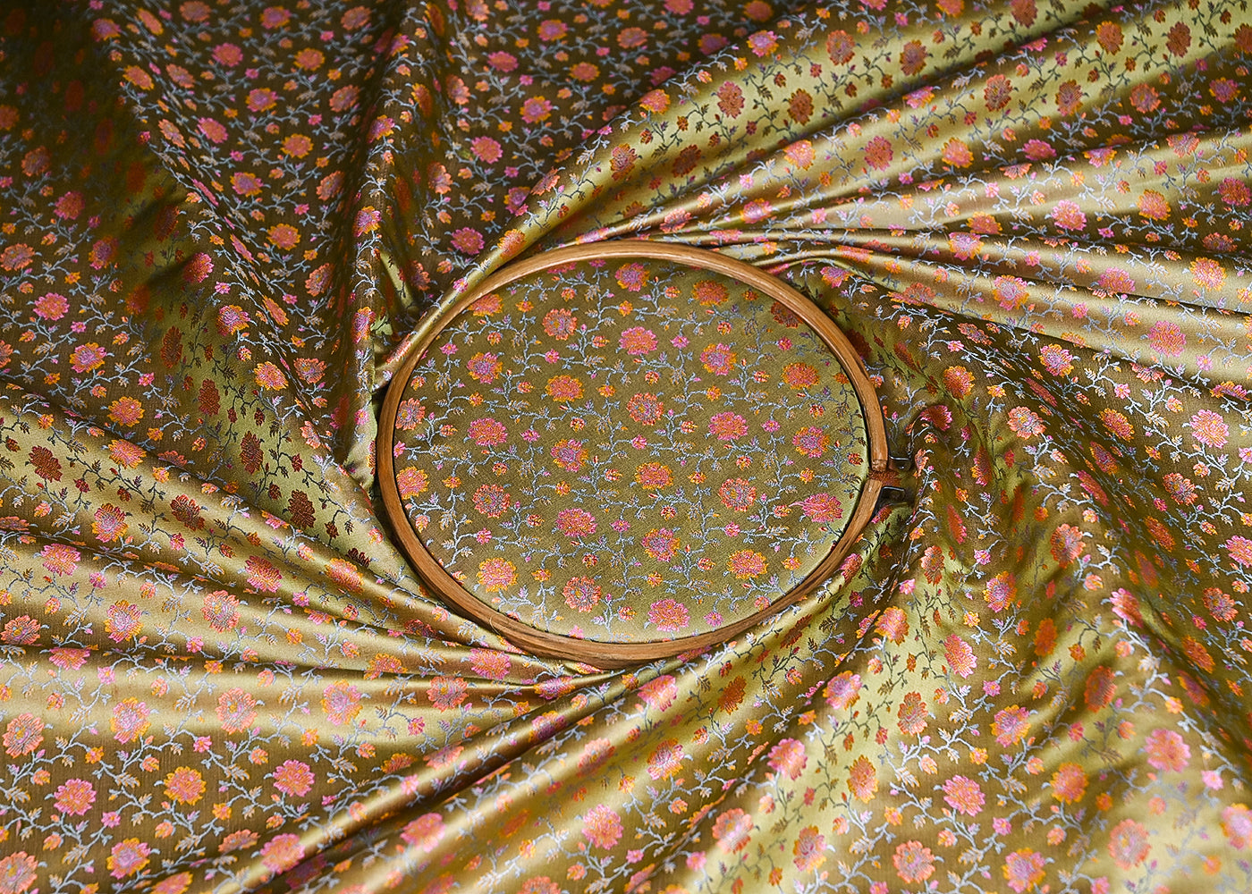 Pista Green Banarasi Brocade Fabric With All Over Thread And Zari Handloom 21257