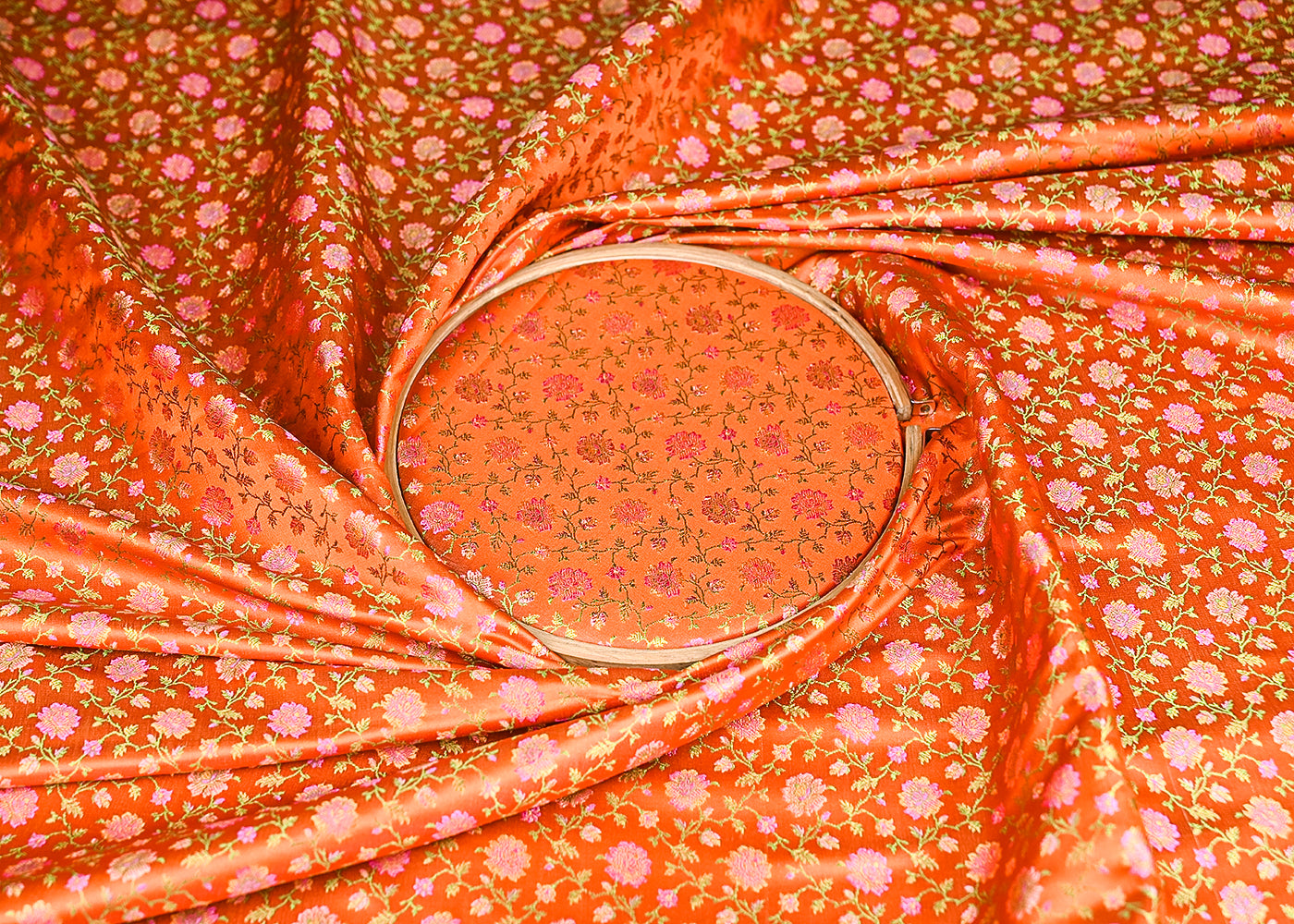 Orange Banarasi Brocade Fabric With All Over Thread And Zari Handloom 21258