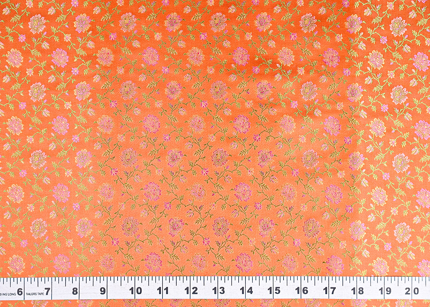 Orange Banarasi Brocade Fabric With All Over Thread And Zari Handloom 21258