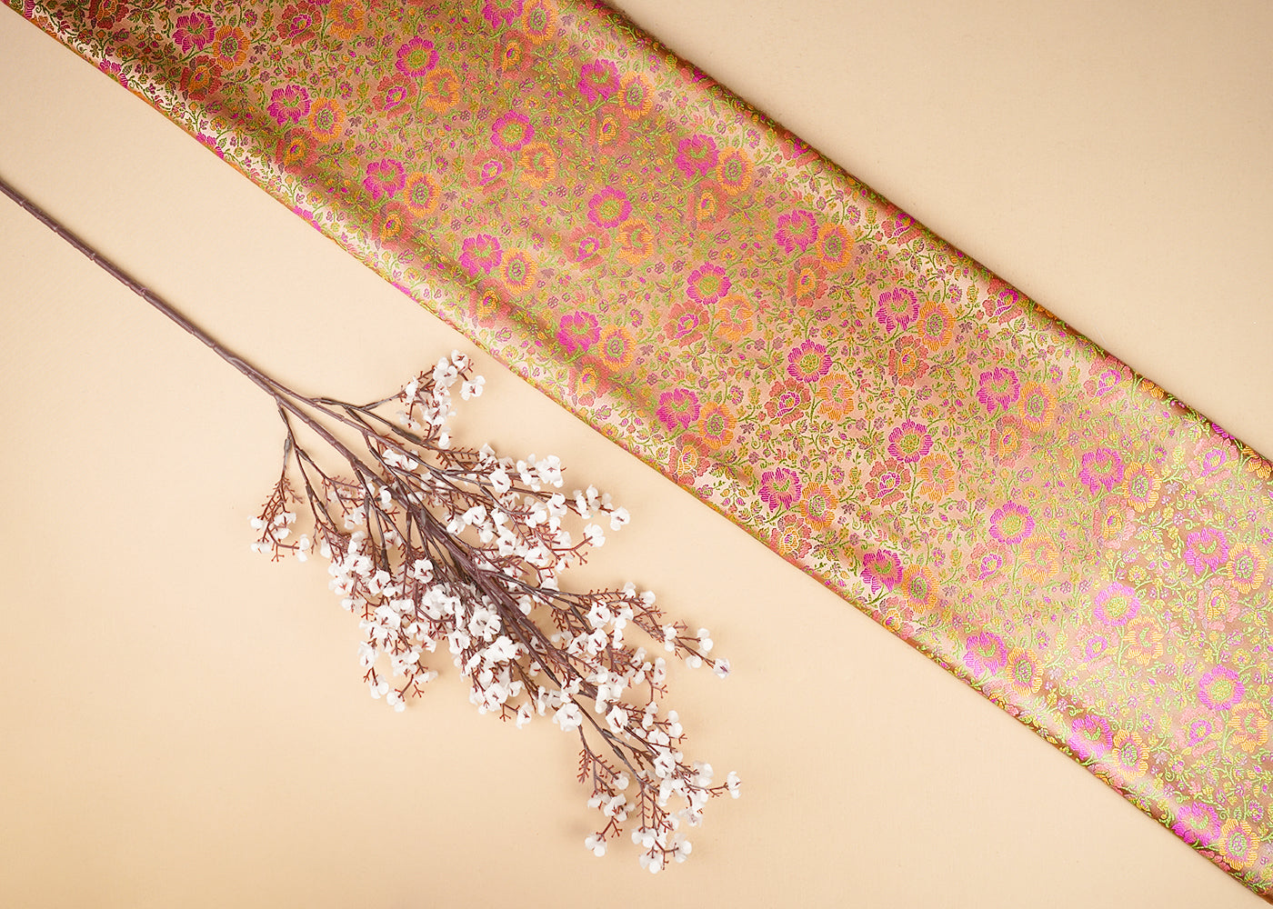 Peach Banarasi Brocade Fabric With All Over Thread And Zari Handloom 21259