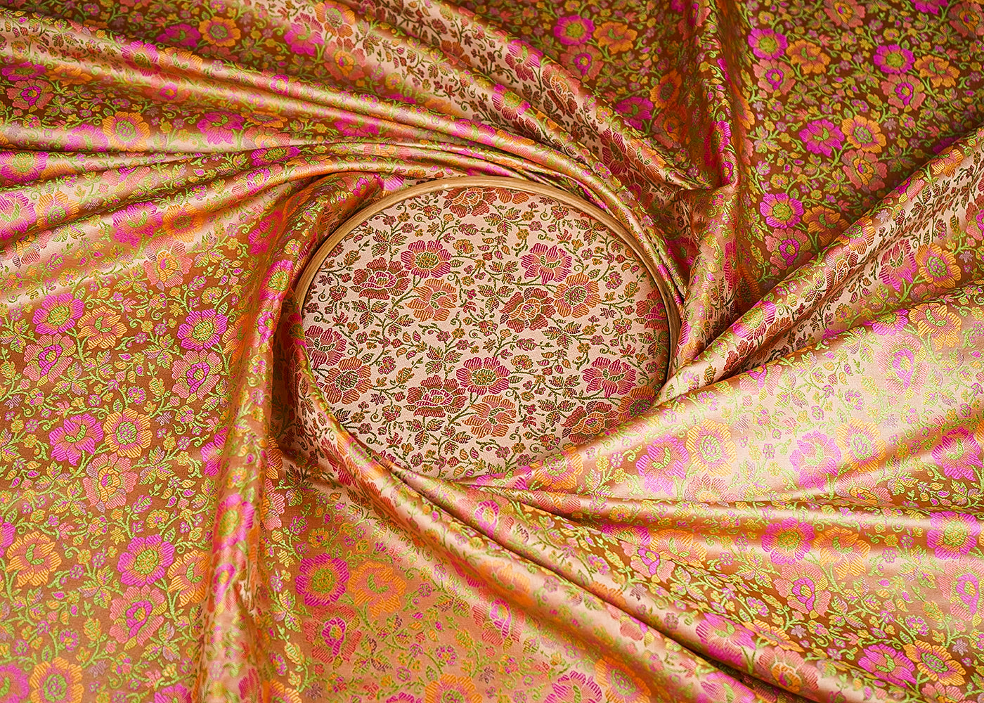 Peach Banarasi Brocade Fabric With All Over Thread And Zari Handloom 21259