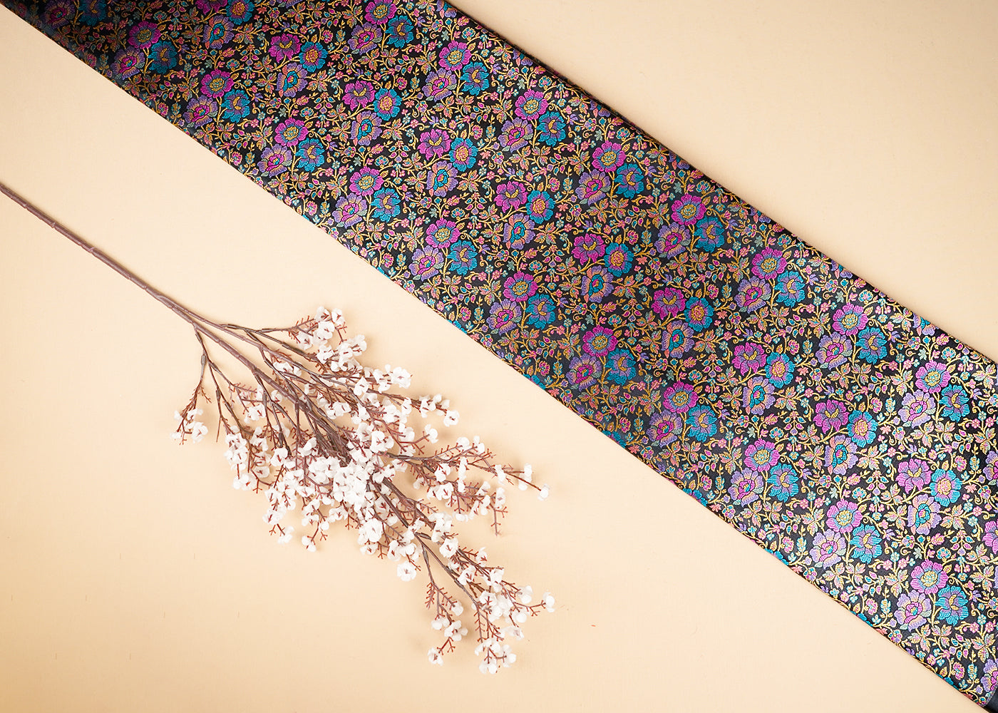 Black Banarasi Brocade Fabric With All Over Thread And Zari Handloom 21260
