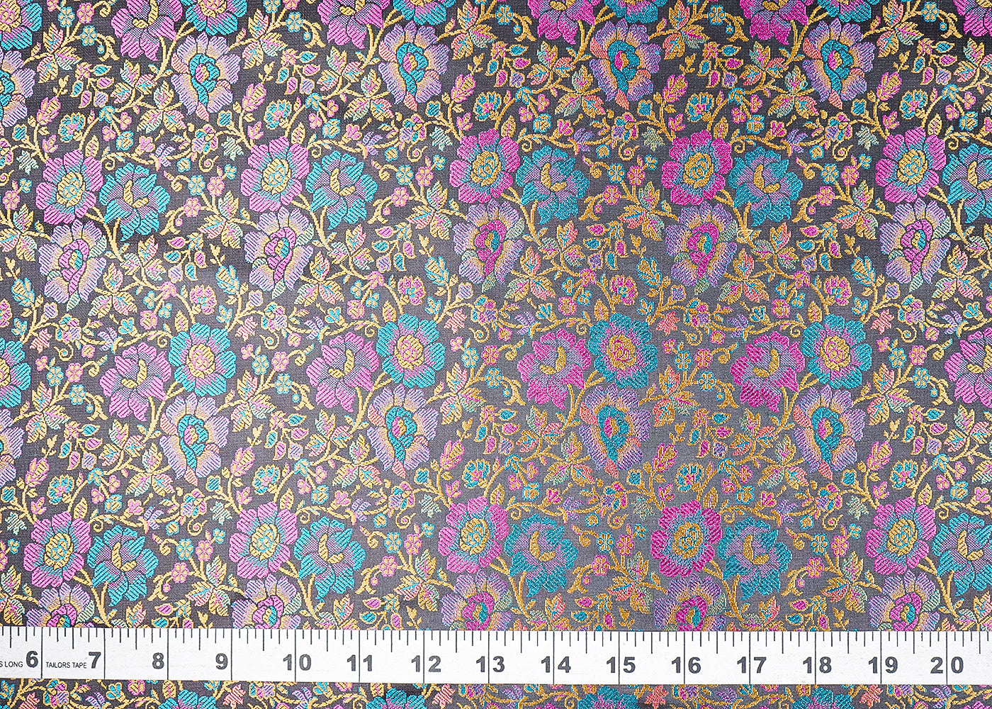 Black Banarasi Brocade Fabric With All Over Thread And Zari Handloom 21260