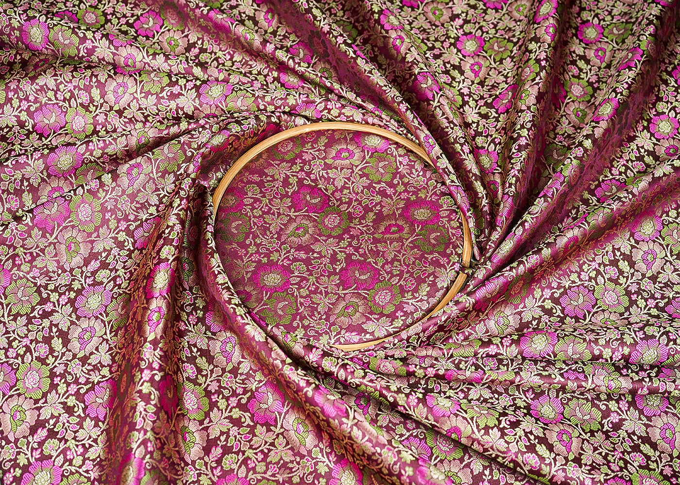 Wine Banarasi Brocade Fabric With All Over Thread And Zari Handloom 21262