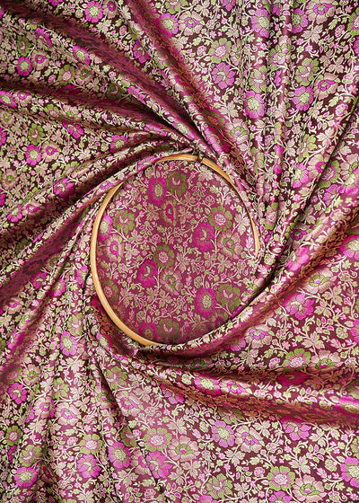Wine Banarasi Brocade Fabric With All Over Thread And Zari Handloom 21262