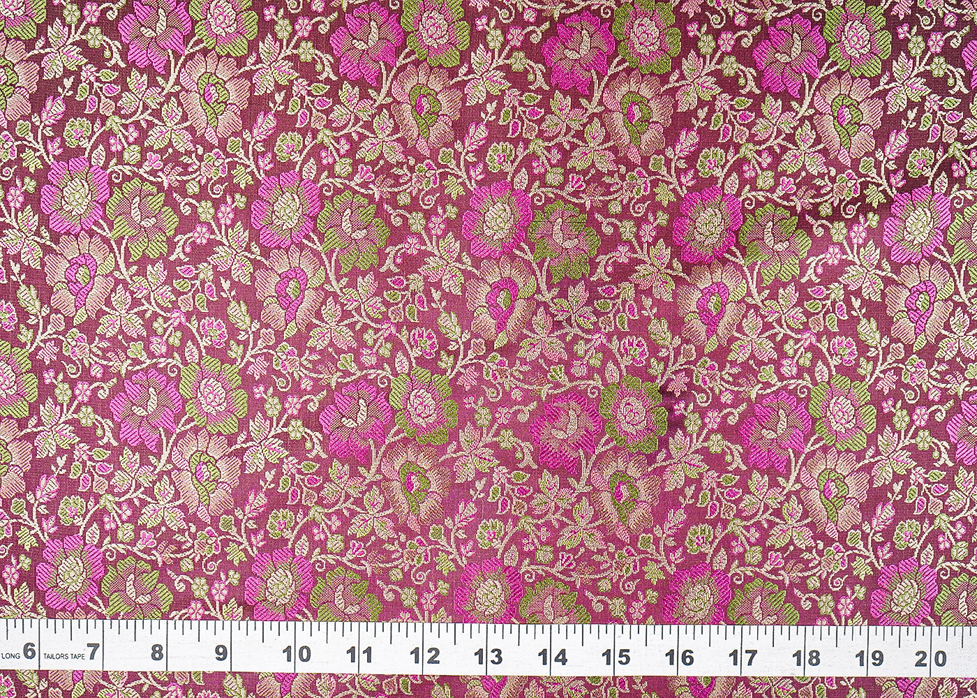 Wine Banarasi Brocade Fabric With All Over Thread And Zari Handloom 21262