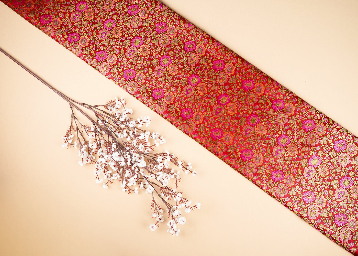 Red Banarasi Brocade Fabric With All Over Thread And Zari Handloom 21265