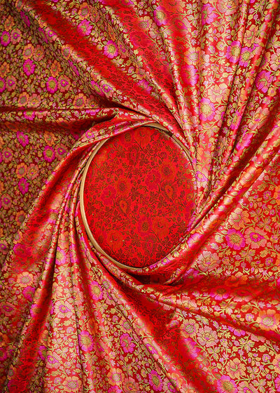 Red Banarasi Brocade Fabric With All Over Thread And Zari Handloom 21265