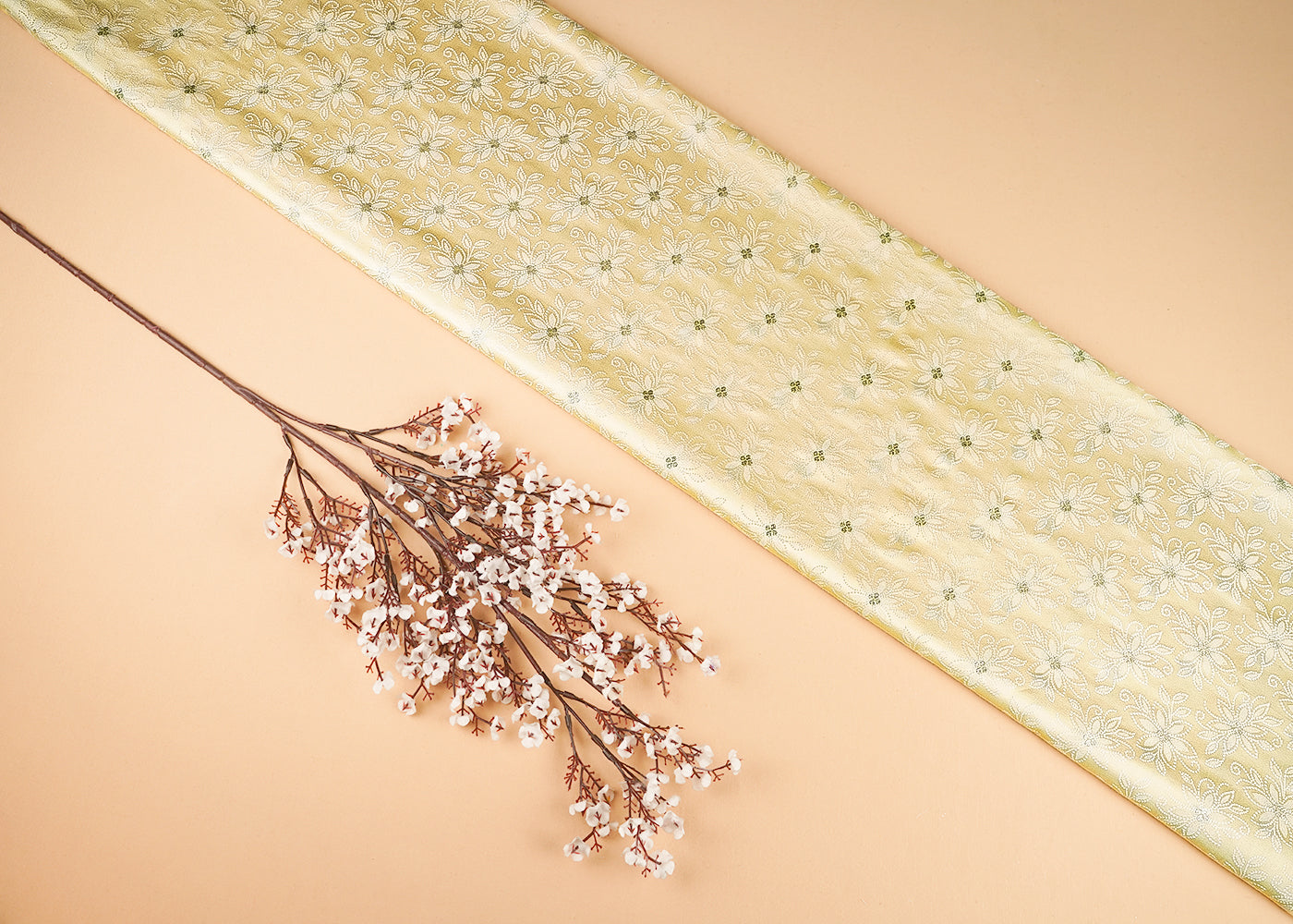 Pastel Yellow Banarasi Brocade Fabric With All Over Thread And Zari Handloom 21272