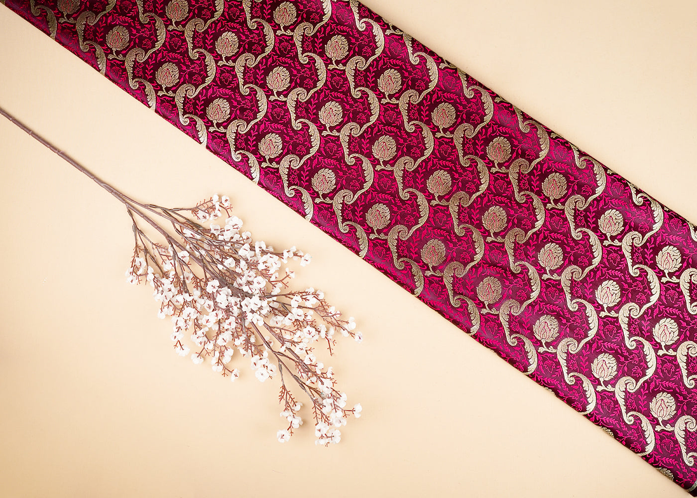 Wine Banarasi Brocade Fabric With All Over Thread And Zari Handloom 21273