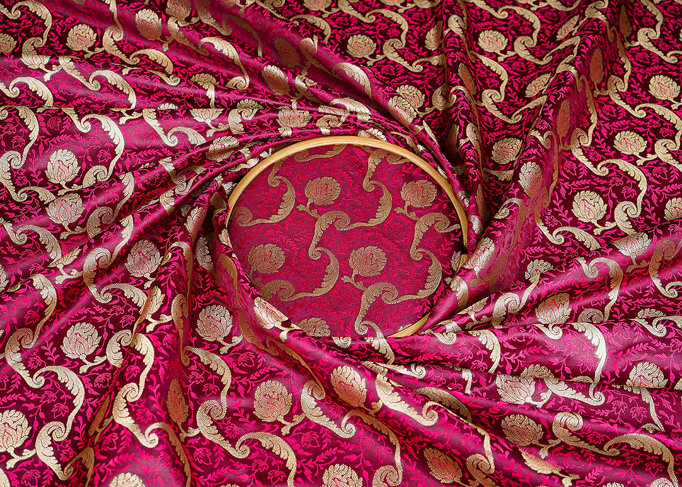 Wine Banarasi Brocade Fabric With All Over Thread And Zari Handloom 21273