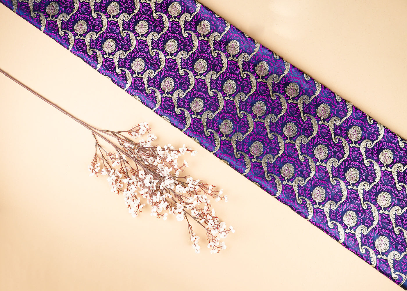 Navy Blue Banarasi Brocade Fabric With All Over Thread And Zari Handloom 21274