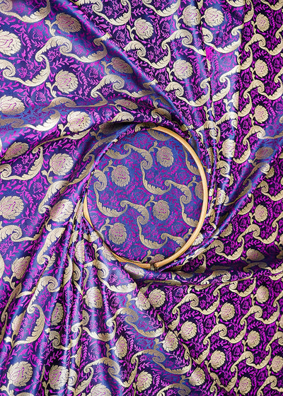 Navy Blue Banarasi Brocade Fabric With All Over Thread And Zari Handloom 21274
