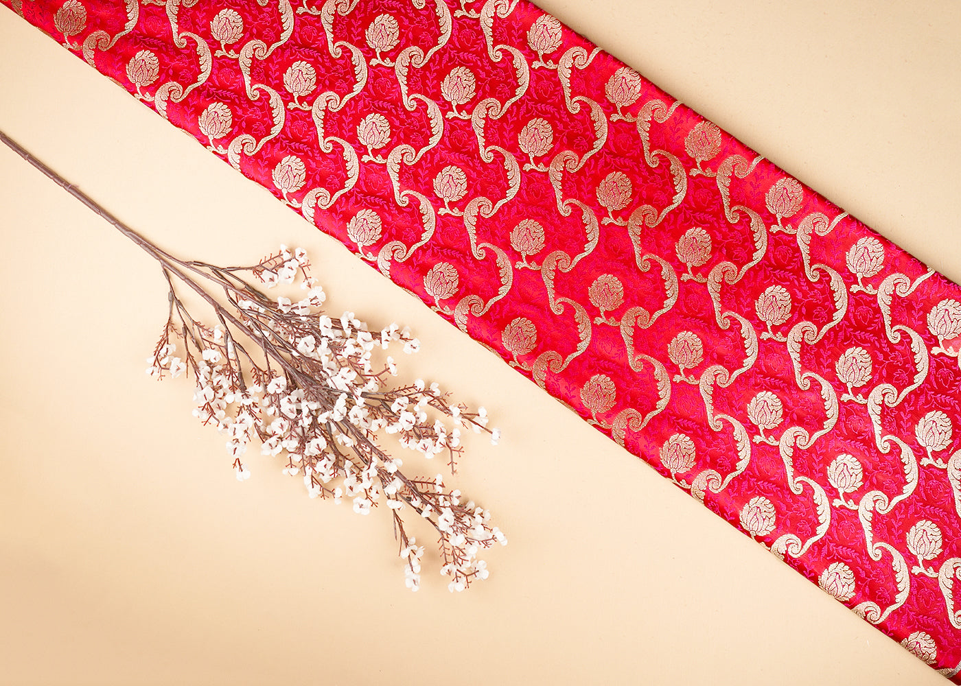 Red Banarasi Brocade Fabric With All Over Thread And Zari Handloom 21275