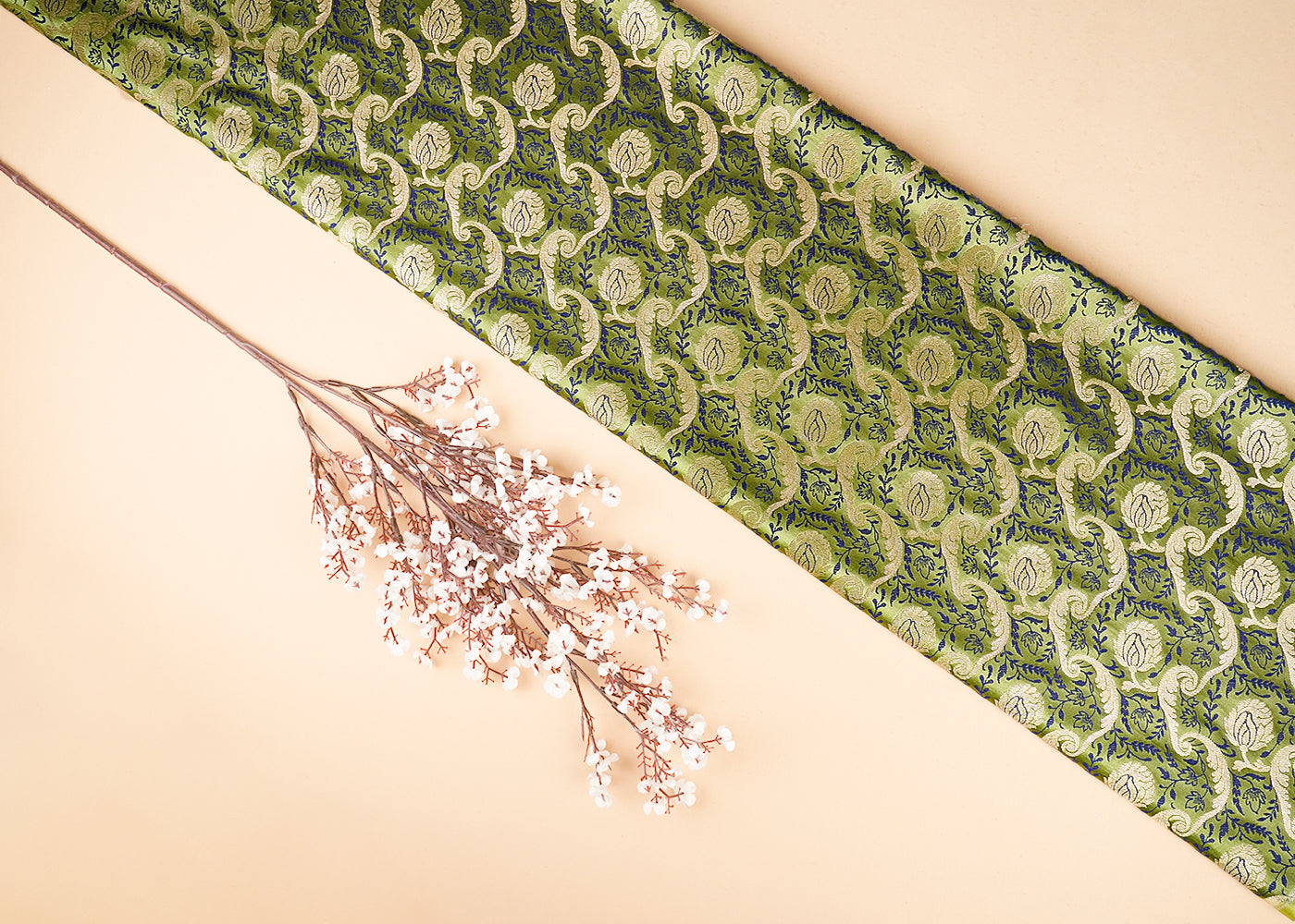Light Green Banarasi Brocade Fabric With All Over Thread And Zari Handloom 21276