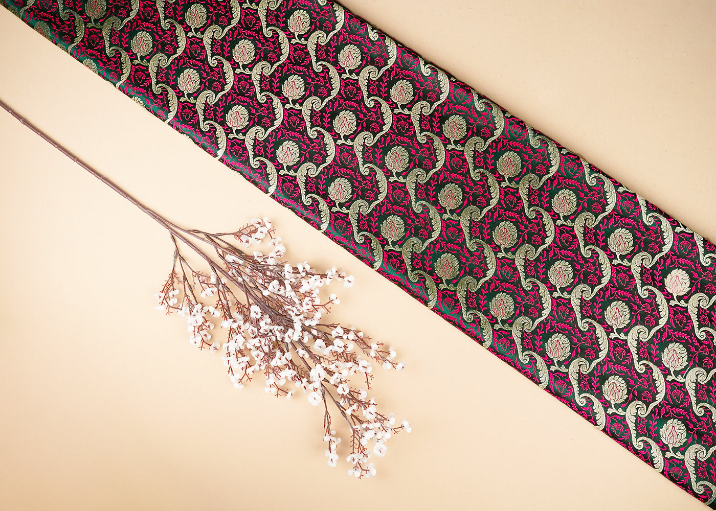 Dark Green Banarasi Brocade Fabric With All Over Thread And Zari Handloom 21279