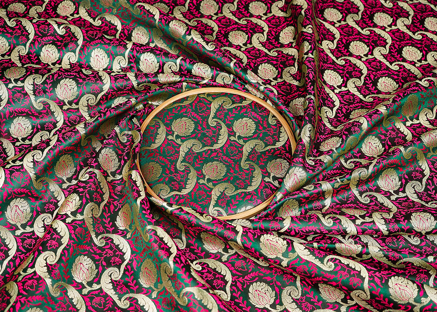 Dark Green Banarasi Brocade Fabric With All Over Thread And Zari Handloom 21279