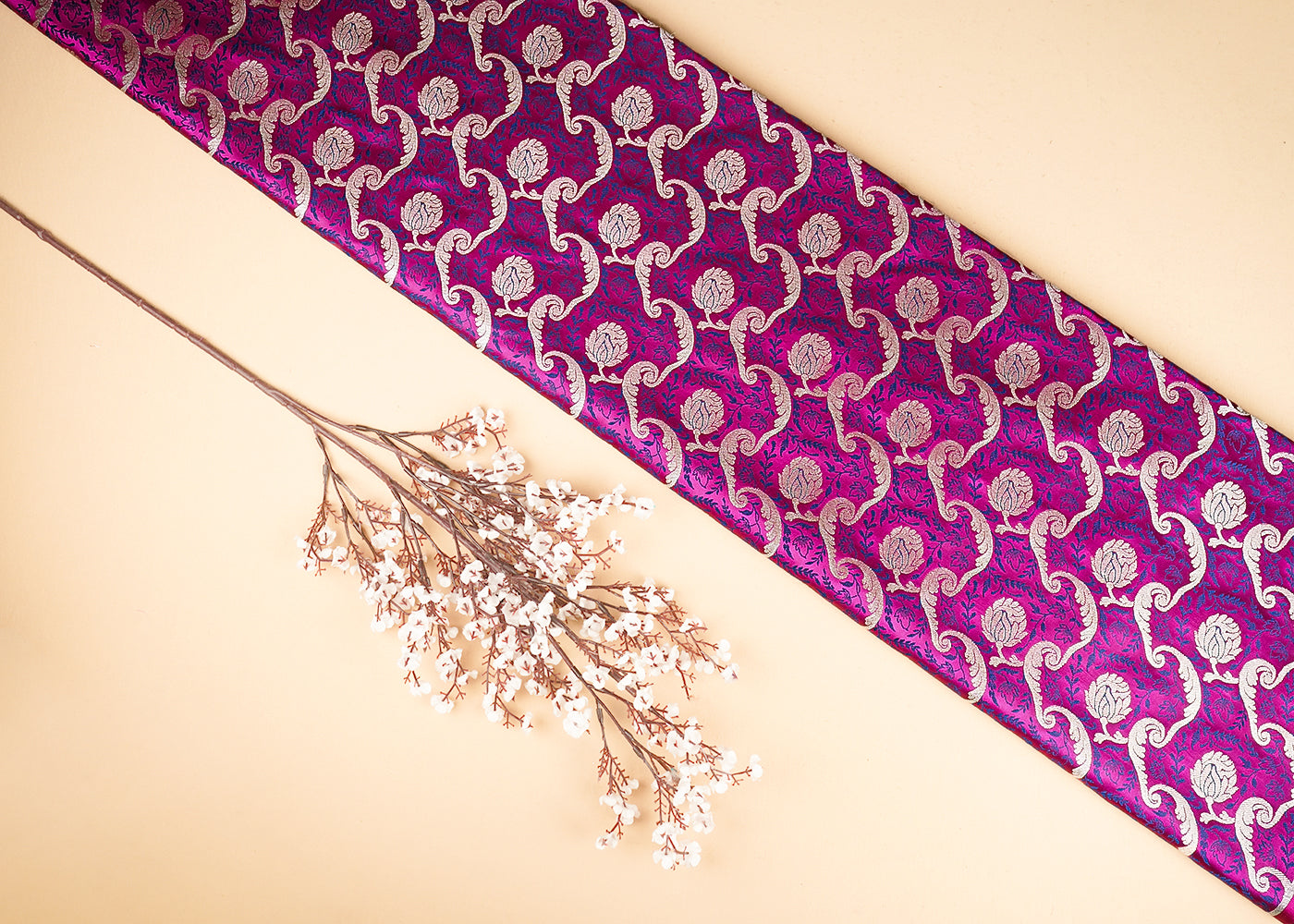 Magenta Banarasi Brocade Fabric With All Over Thread And Zari Handloom 21280