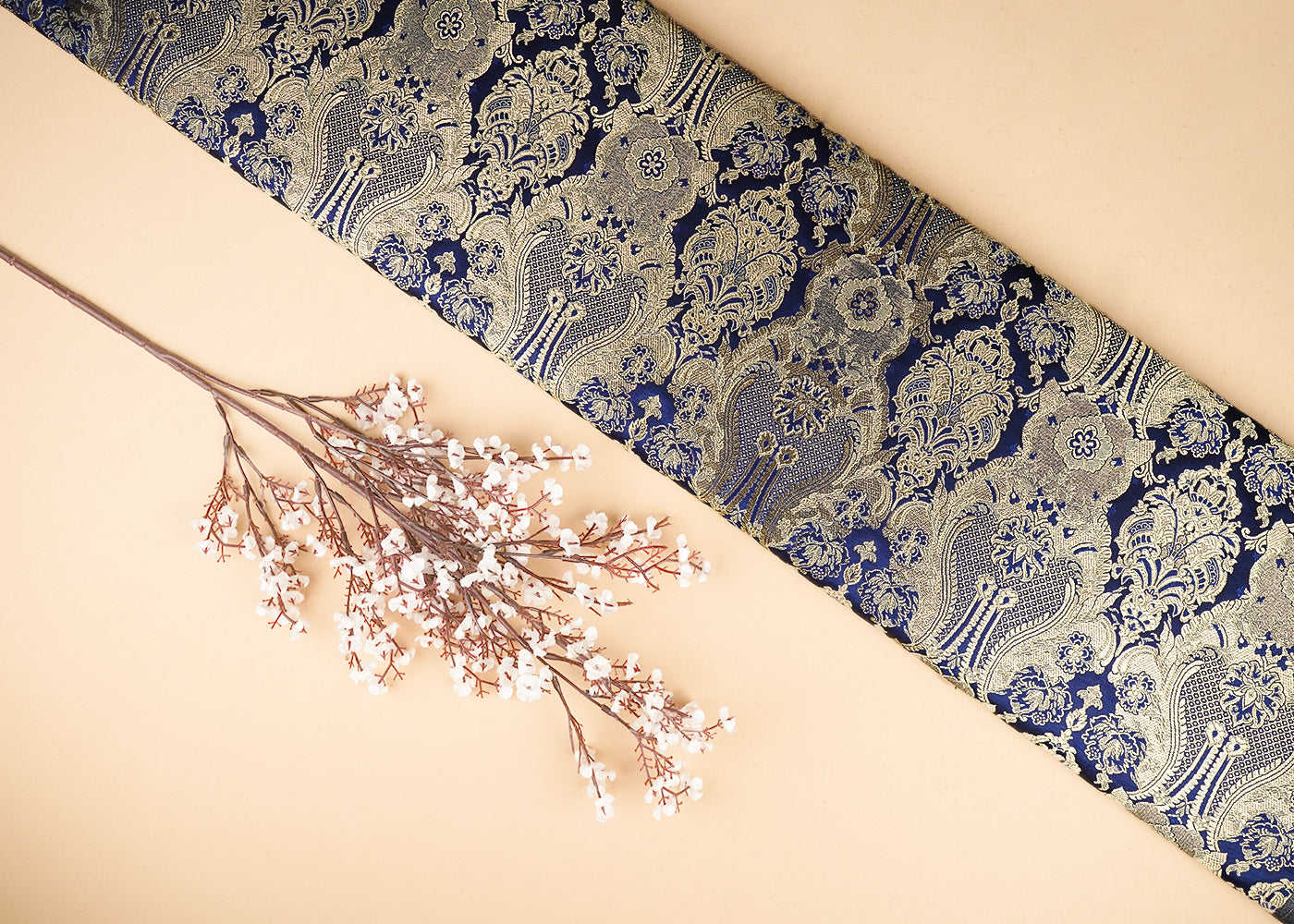 Navy Blue Banarasi Brocade Fabric With All Over Thread And Zari Handloom 21284