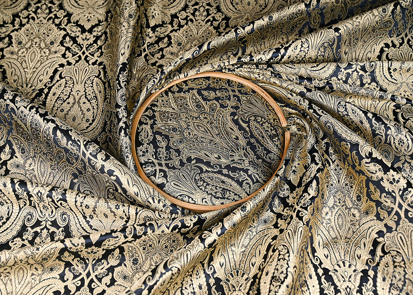 Black Banarasi Brocade Fabric With All Over Golden Zari Handloom 21285