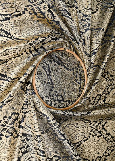 Black Banarasi Brocade Fabric With All Over Golden Zari Handloom 21285