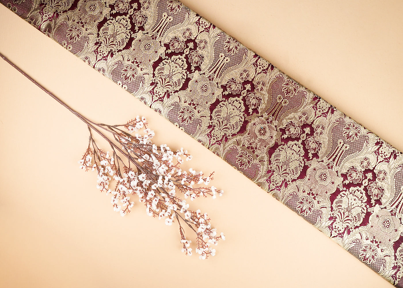 Wine Banarasi Brocade Fabric With All Over Thread And Zari Handloom 21288