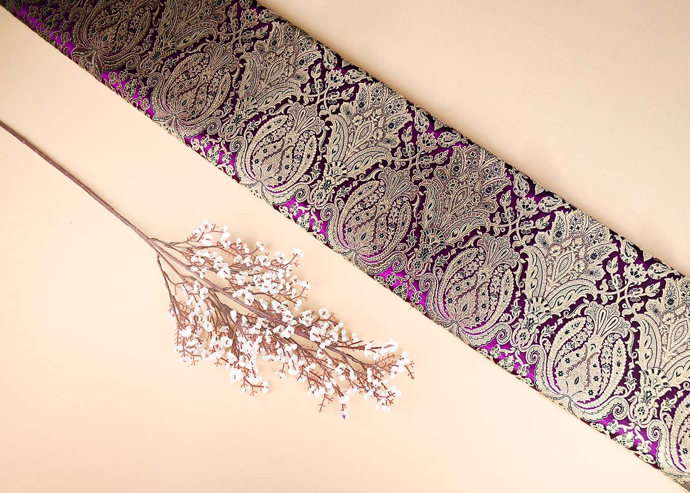 Purple Banarasi Brocade Fabric With All Over Golden Zari Handloom 21290