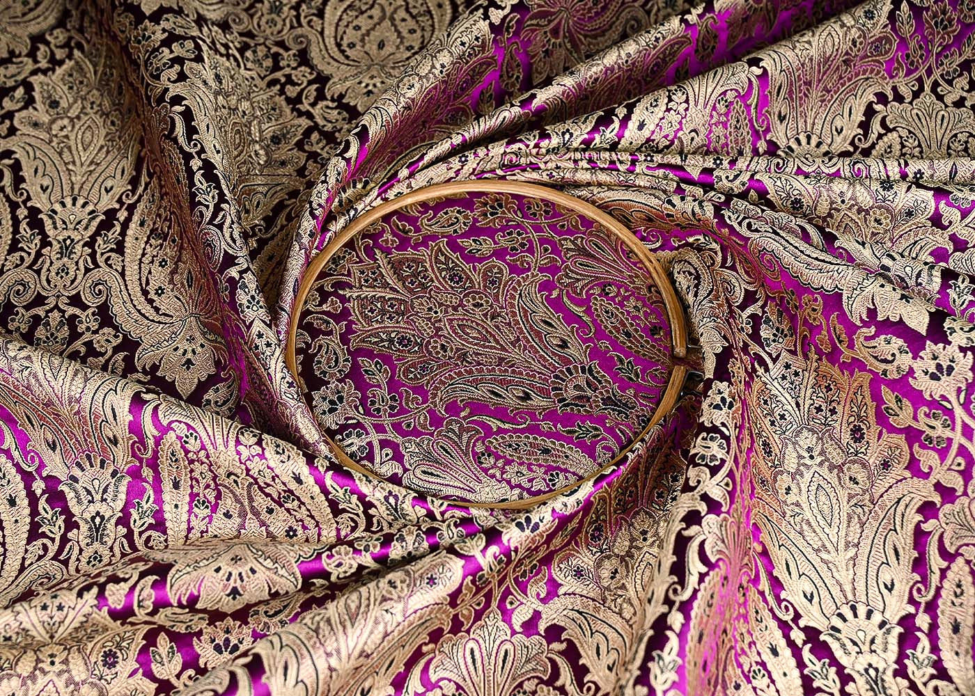 Purple Banarasi Brocade Fabric With All Over Golden Zari Handloom 21290