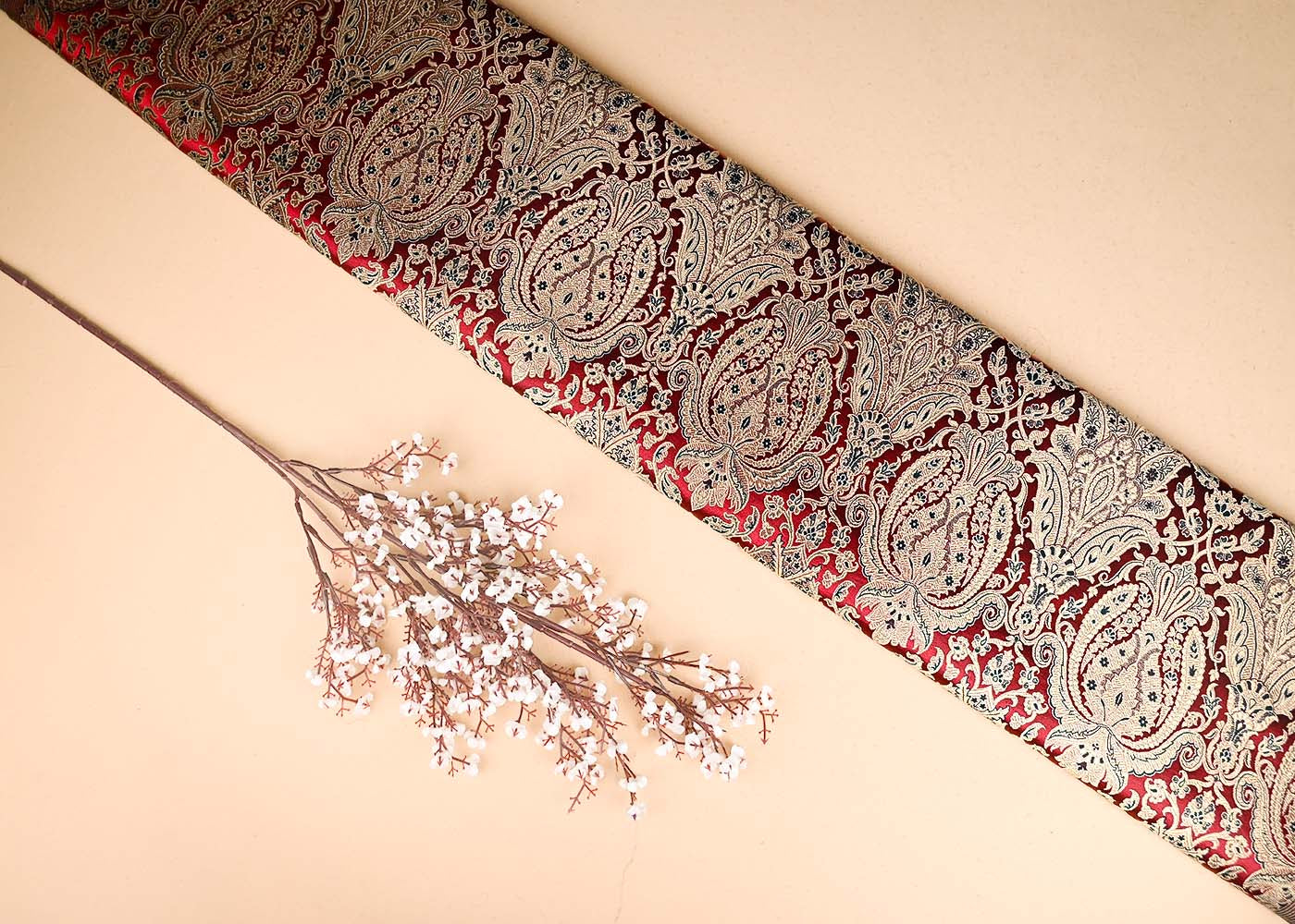 Maroon Banarasi Brocade Fabric With All Over Golden Zari Handloom 21292