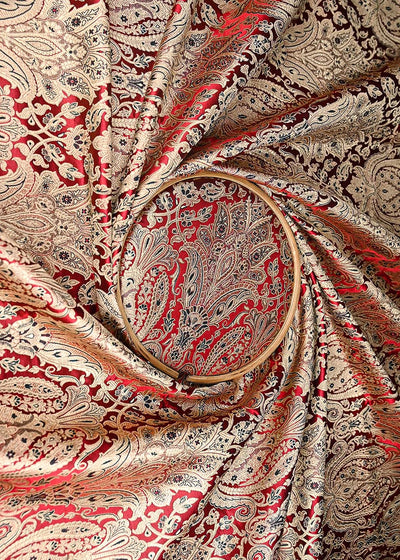 Maroon Banarasi Brocade Fabric With All Over Golden Zari Handloom 21292