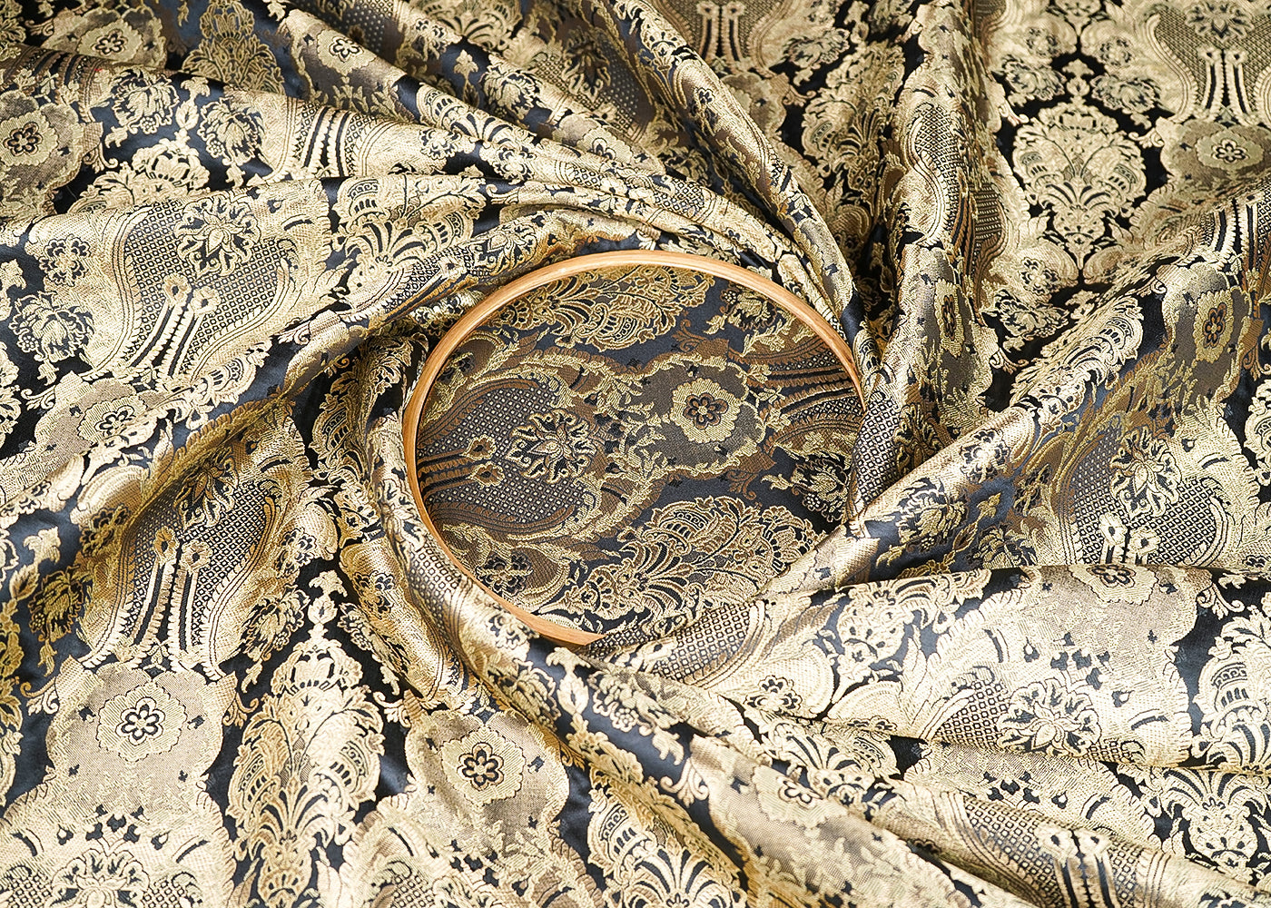 Black Banarasi Brocade Fabric With All Over Thread And Zari Handloom 21293