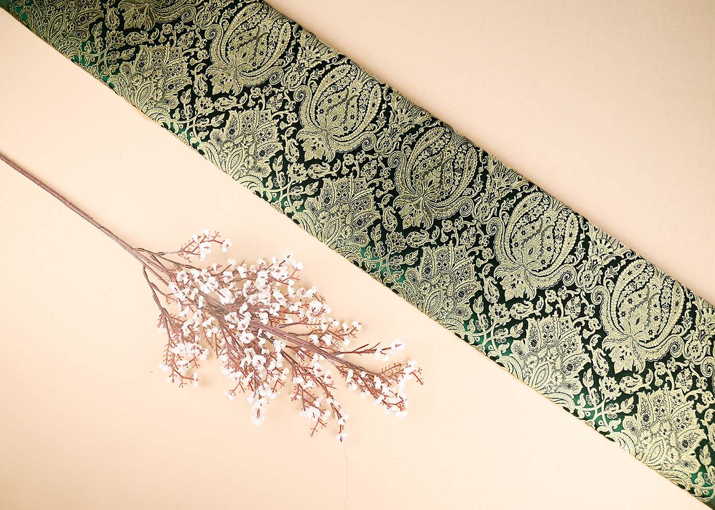 Bottle Green Banarasi Brocade Fabric With All Over Golden Zari Handloom 21294