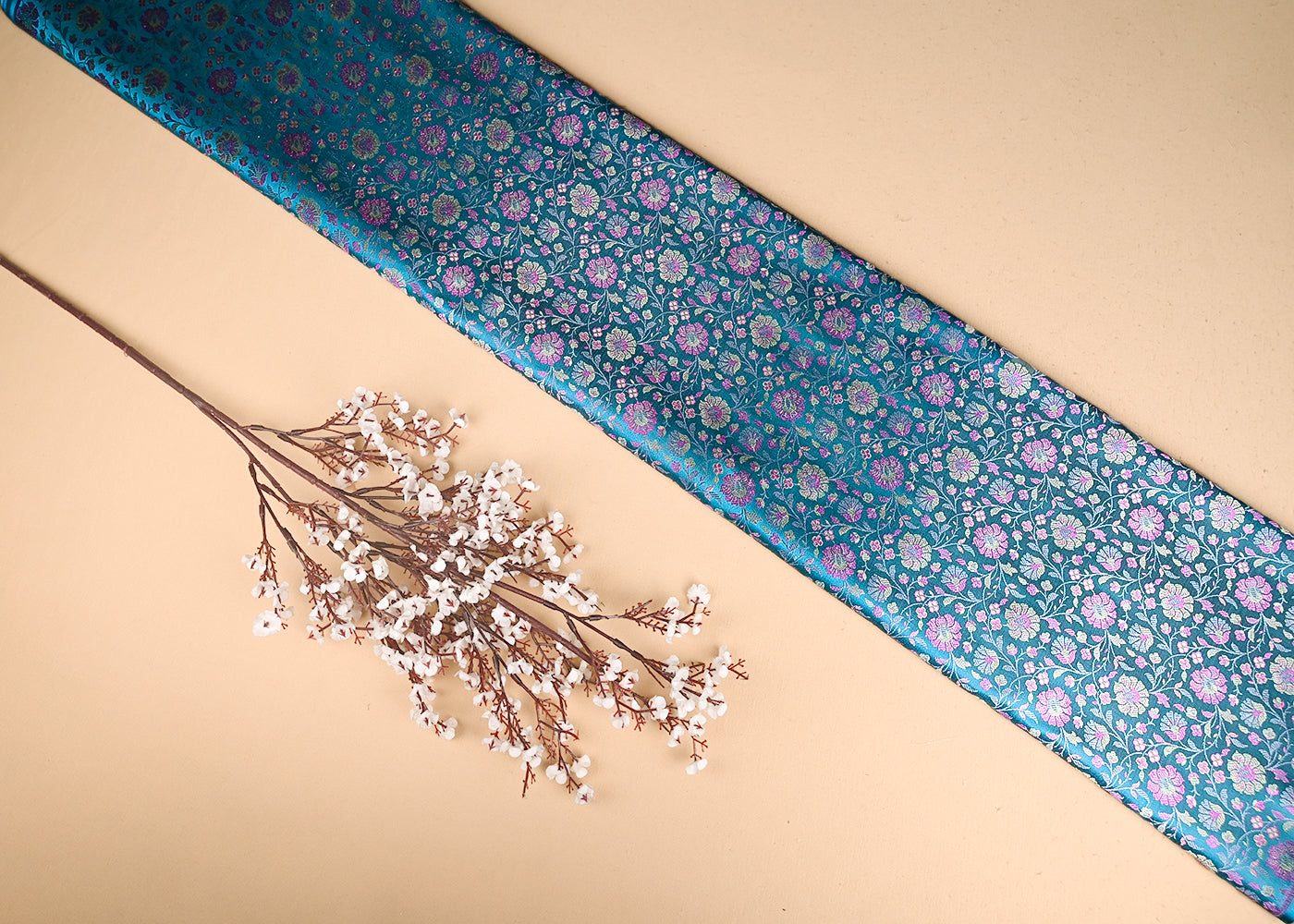 Sky Blue Banarasi Brocade Fabric With All Over Golden Zari Handloom 21295