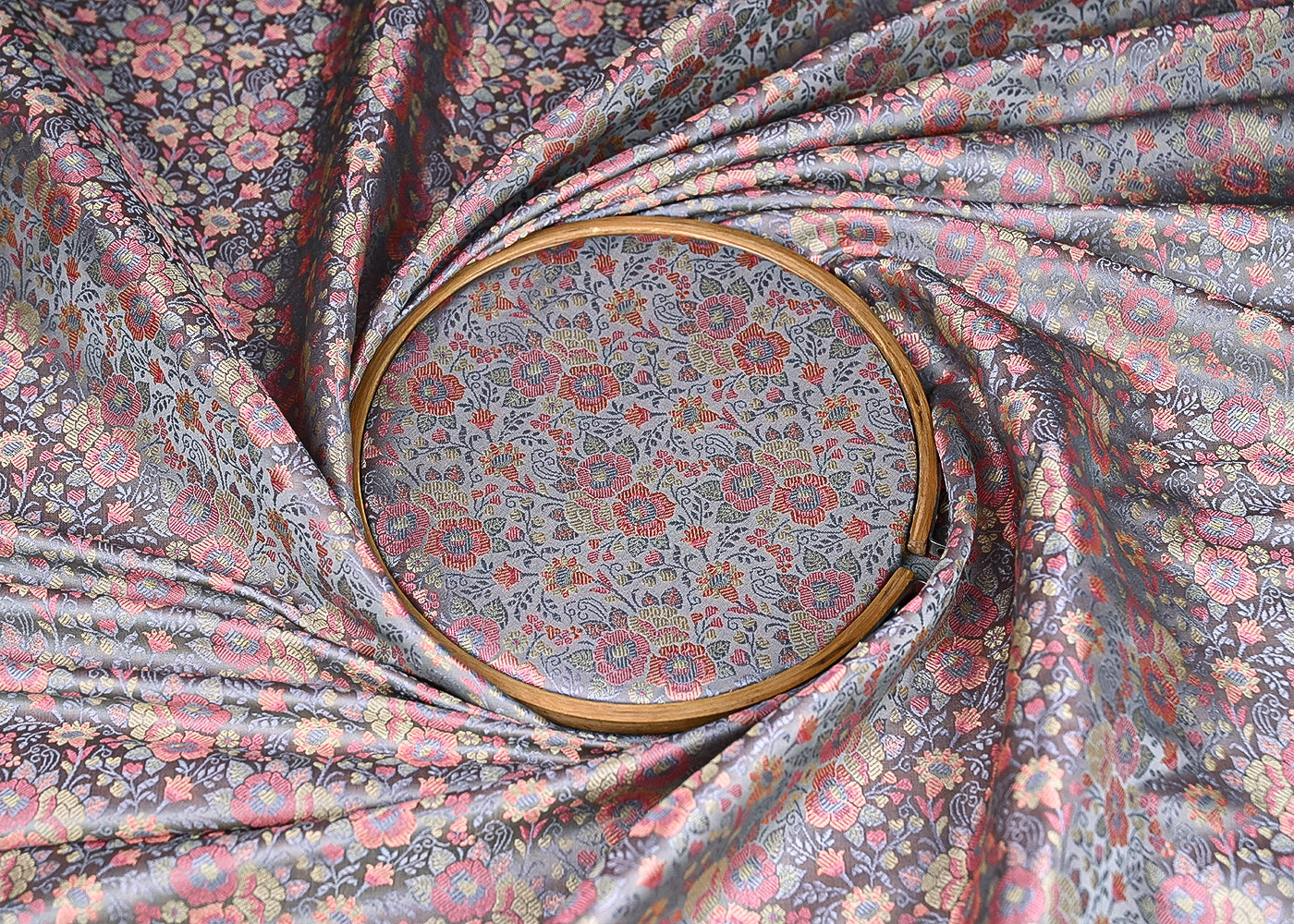 Grey Banarasi Brocade Fabric With All Over Golden Zari Handloom 21297