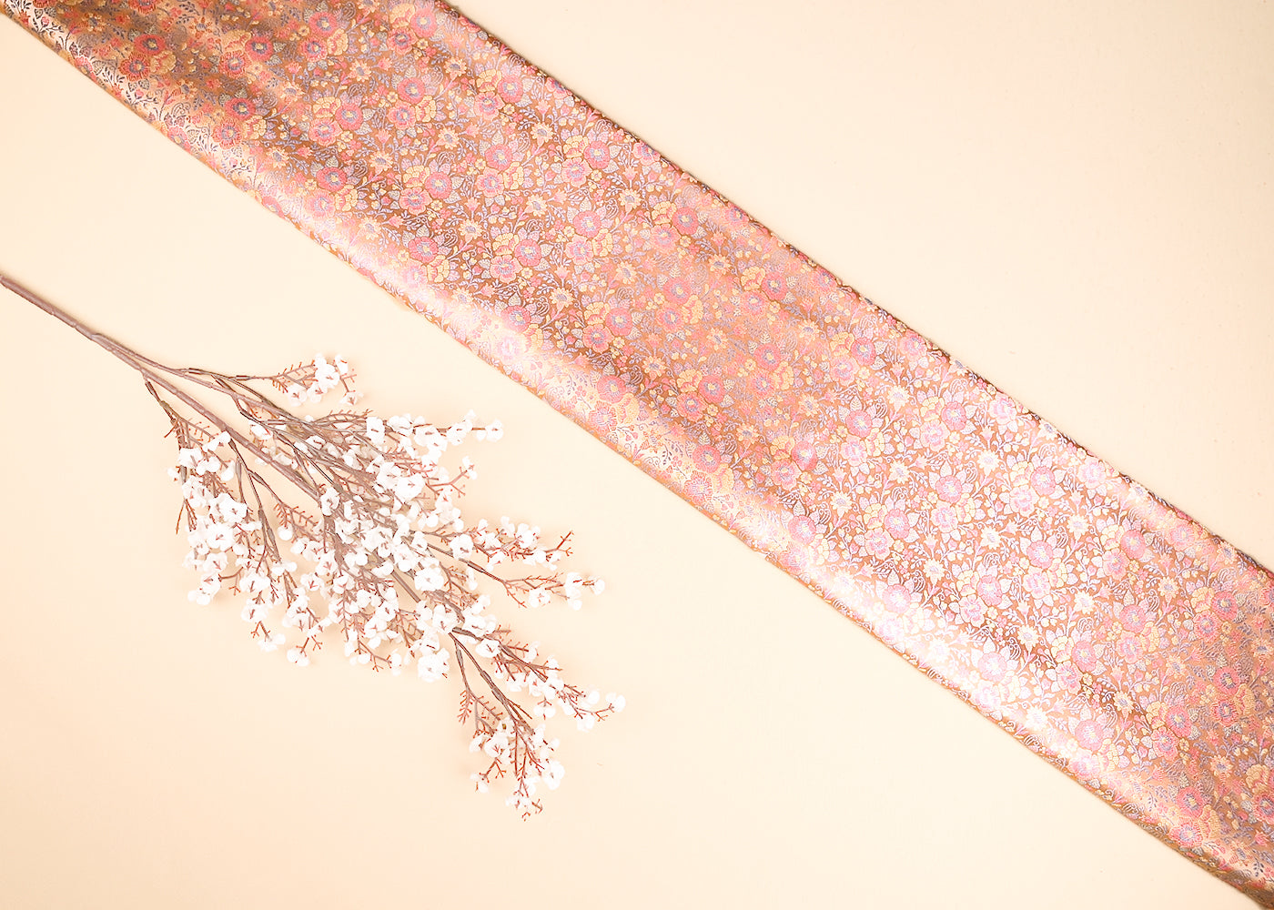 Light Peach Banarasi Brocade Fabric With All Over Thread And Zari Handloom 21299