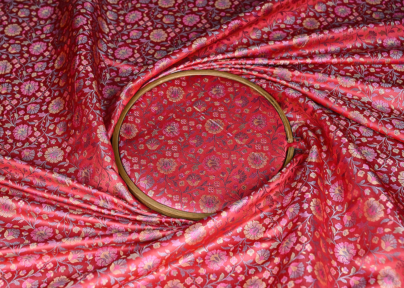 Pink Banarasi Brocade Fabric With All Over Golden Zari Handloom 21301