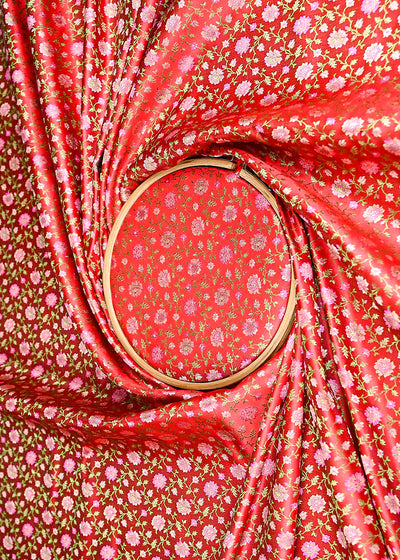 Red Banarasi Brocade Fabric With All Over Thread And Zari Handloom 21304