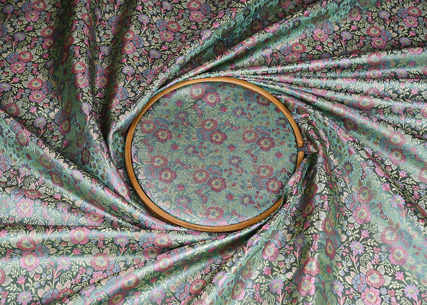 Green Banarasi Brocade Fabric With All Over Thread And Zari Handloom 21305