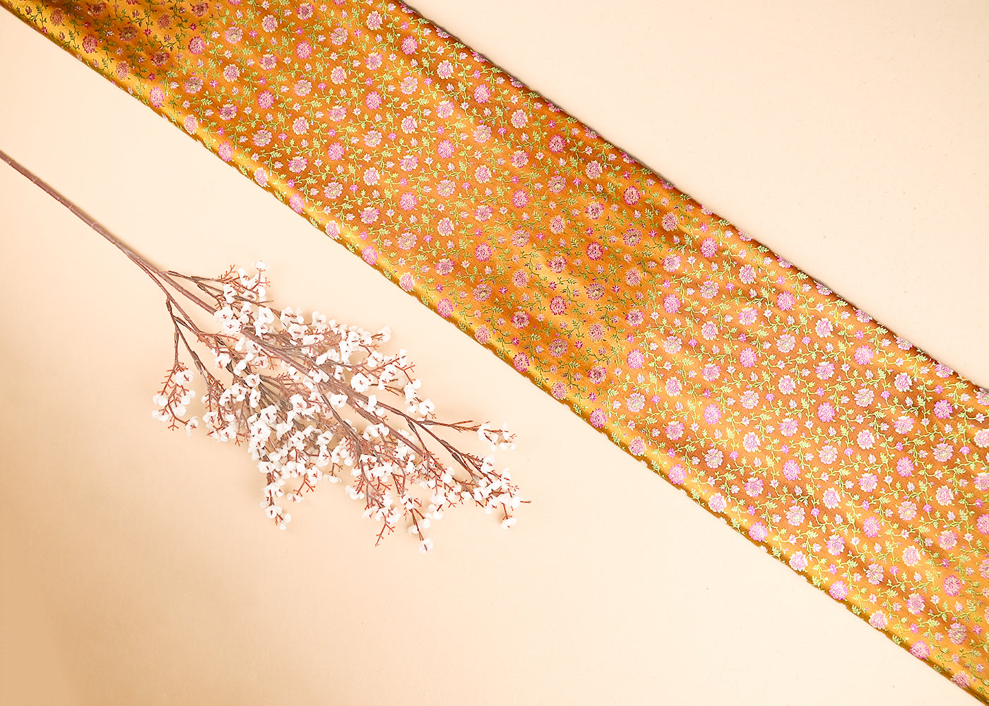 Mustard Banarasi Brocade Fabric With All Over Thread And Zari Handloom 21306