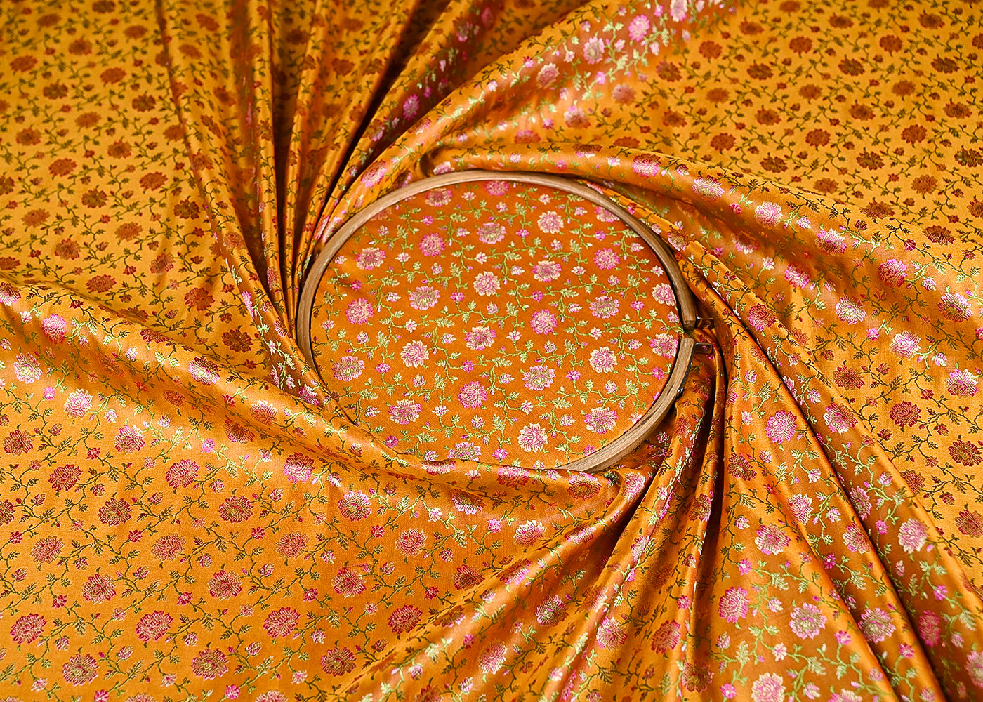 Mustard Banarasi Brocade Fabric With All Over Thread And Zari Handloom 21306