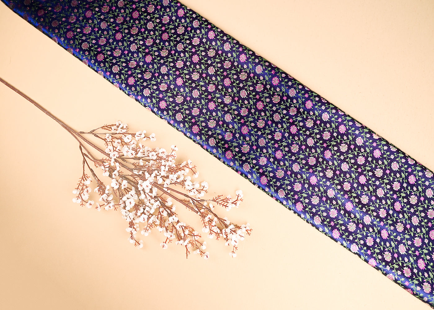 Navy Blue Banarasi Brocade Fabric With All Over Thread And Zari Handloom 21307