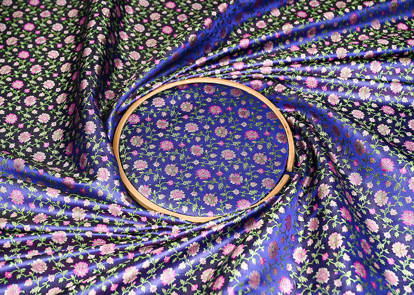 Navy Blue Banarasi Brocade Fabric With All Over Thread And Zari Handloom 21307