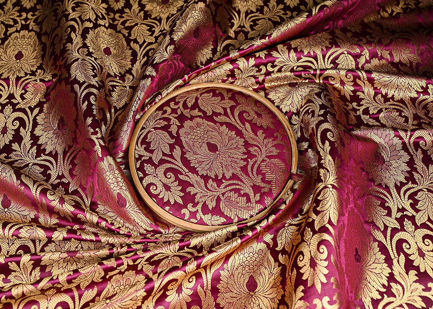 Wine Banarasi Brocade Fabric With All Over Golden Zari Handloom 21328
