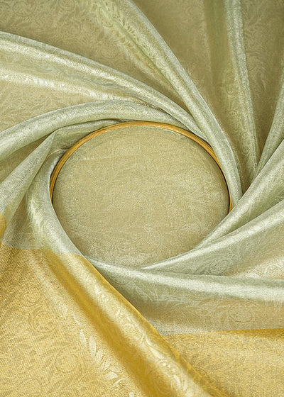 Pista Green & Golden Organza Fabric With All Over Self Work With One Side Border 21343