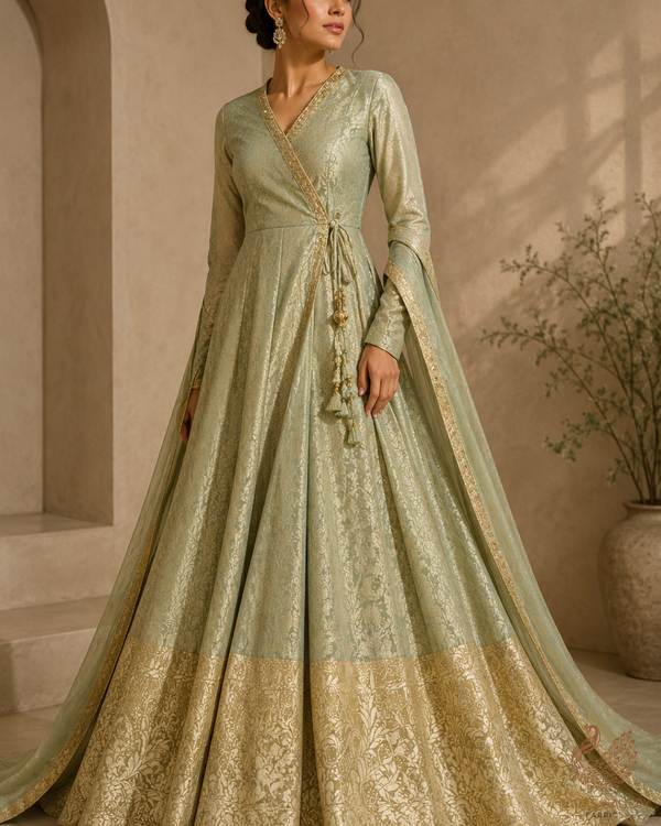 Pista Green & Golden Organza Fabric With All Over Self Work With One Side Border 21343