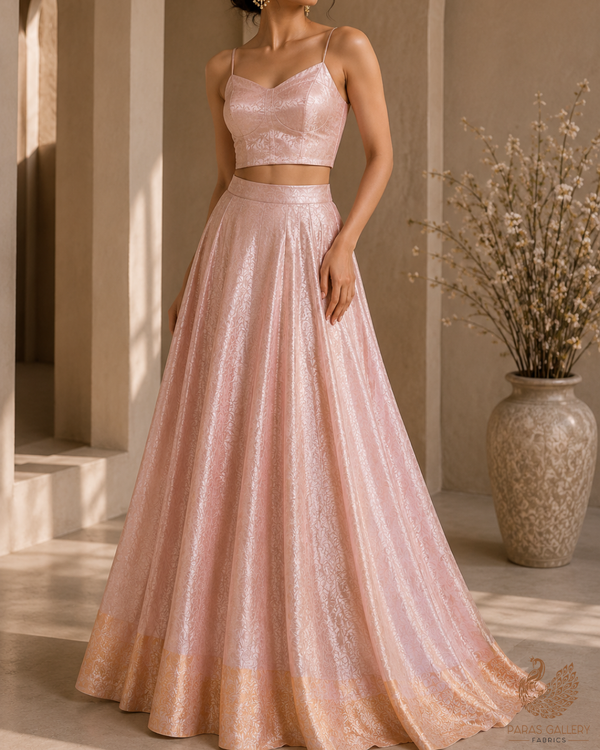 Onion Pink & Rose Gold Organza Fabric With All Over Self Work With One Side Border 21351