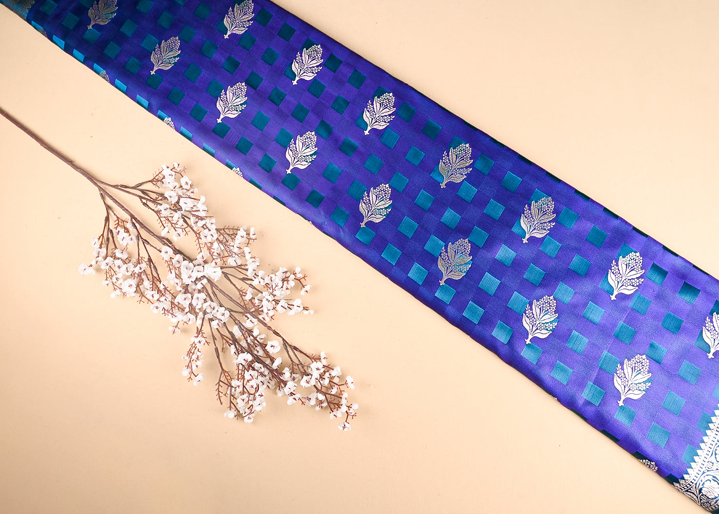 Royal Blue Banarasi Brocade Fabric With All Over Thread And Zari Handloom 21354
