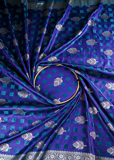 Royal Blue Banarasi Brocade Fabric With All Over Thread And Zari Handloom 21354